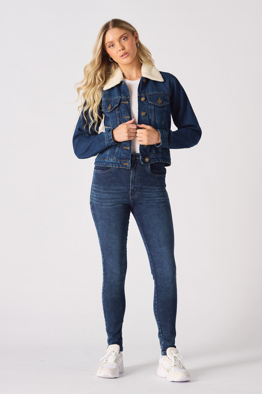 Frost Sherpa Collar Denim Jacket – Mid Blue - JMOJO - Women's Denim Jackets Sherpa