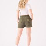 Rear view of green jogger shorts for women showing the tonal logo on the pocket