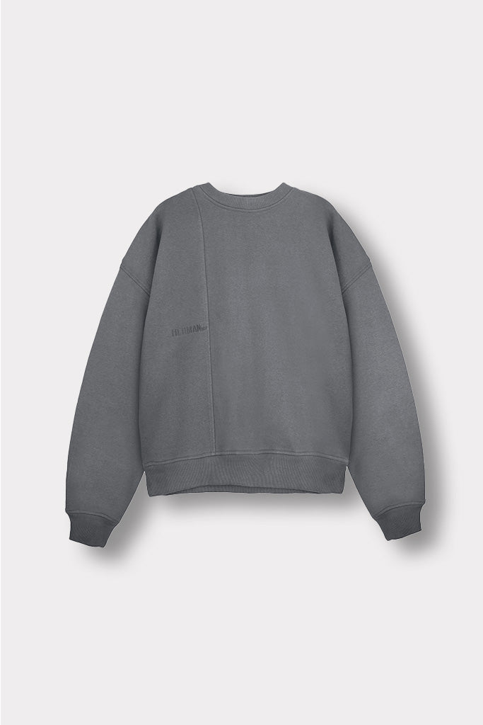 flat lay front view of grey crew neck jumper
