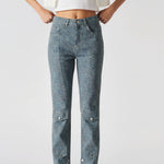 Model with hands on hips posing in Grey Dark Blue Speckled Wash Jeans for Women
