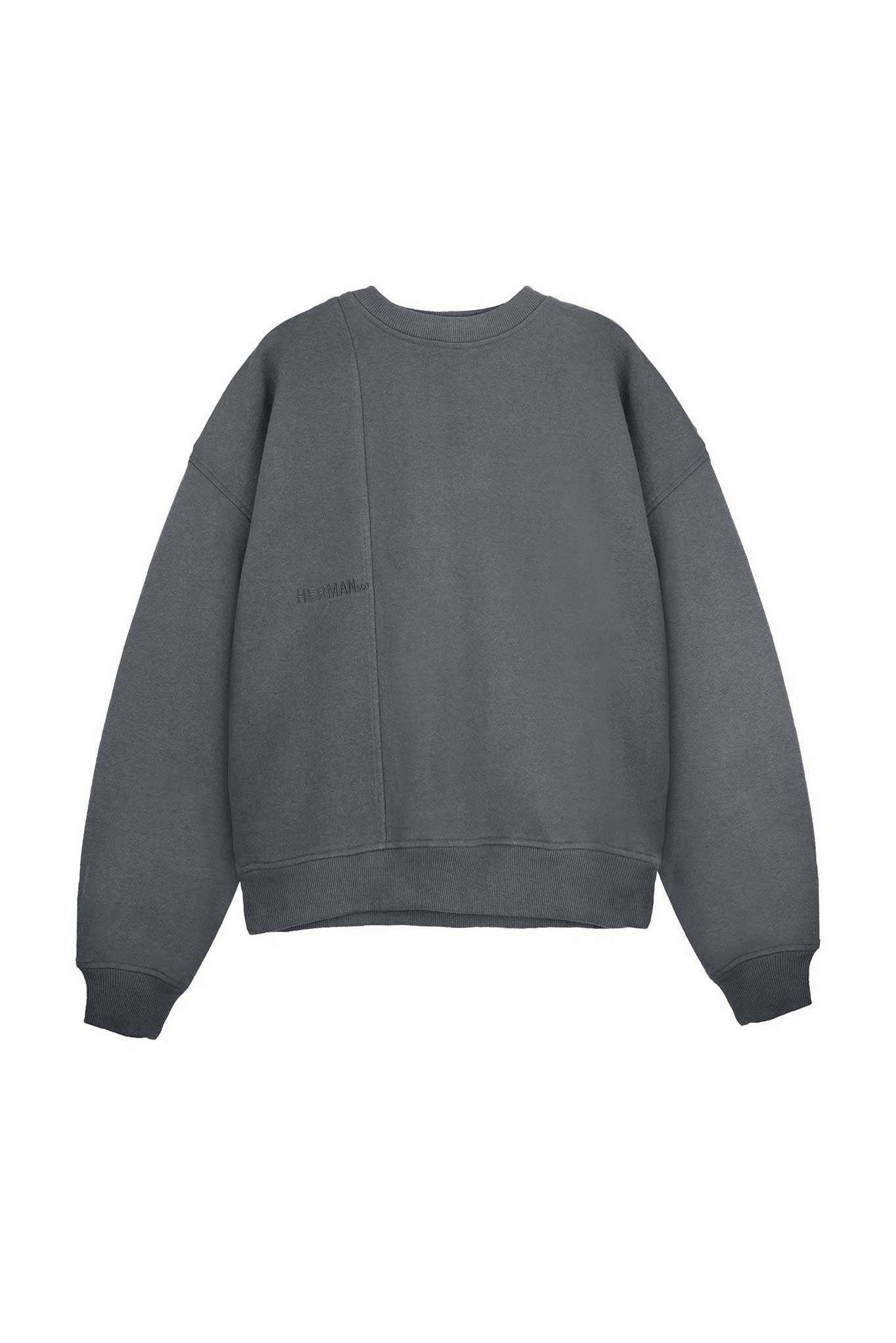 flat lay back view of grey crew neck jumper