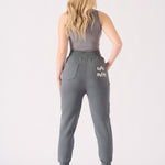 Rear view showing the clean fit and silhouette of the grey tapered joggers womens.