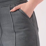 Close up shot of the hand pocket on the grey tapered joggers womens.