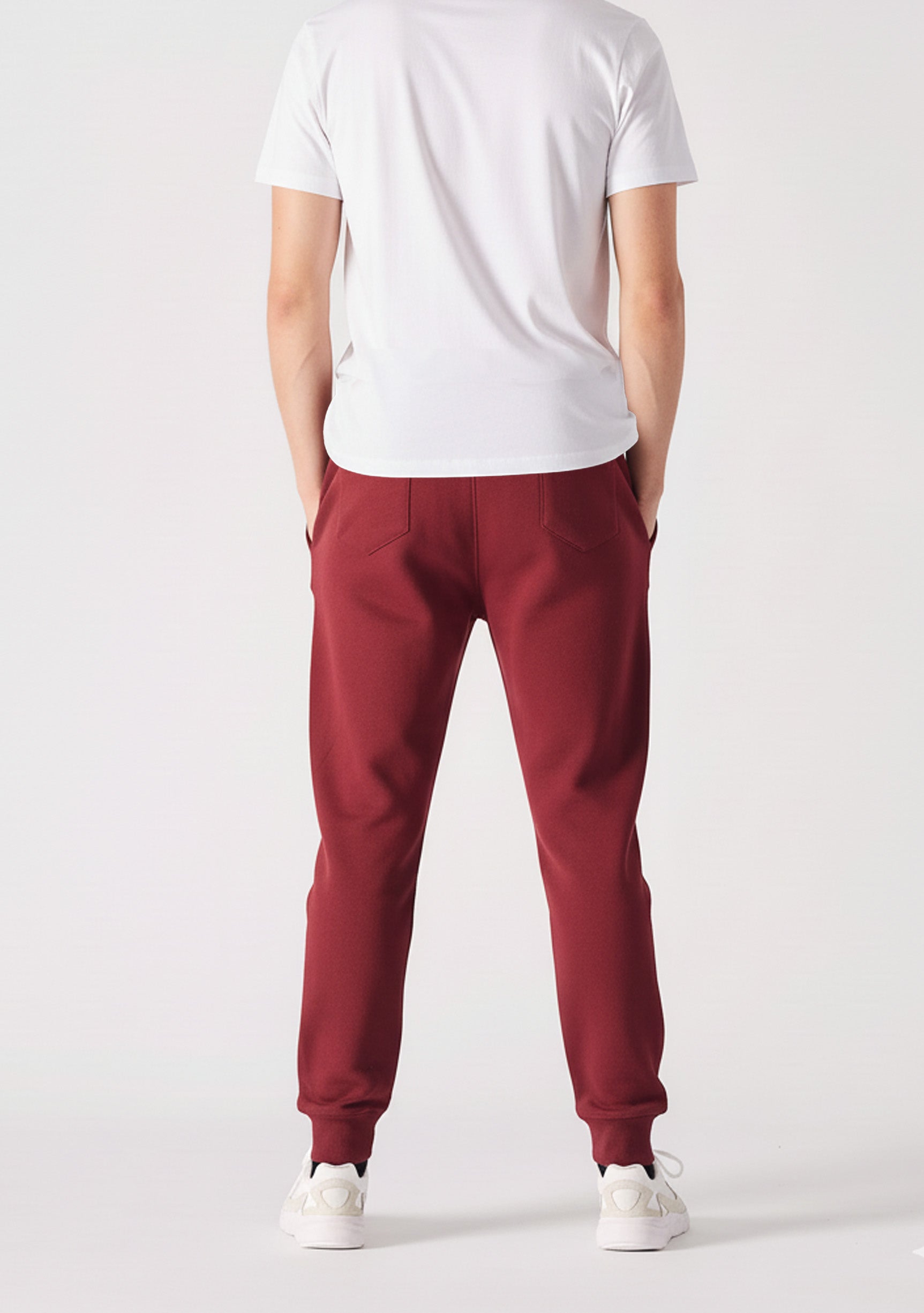 Back view of the Herman men's burgundy tapered joggers showing the slim fit.