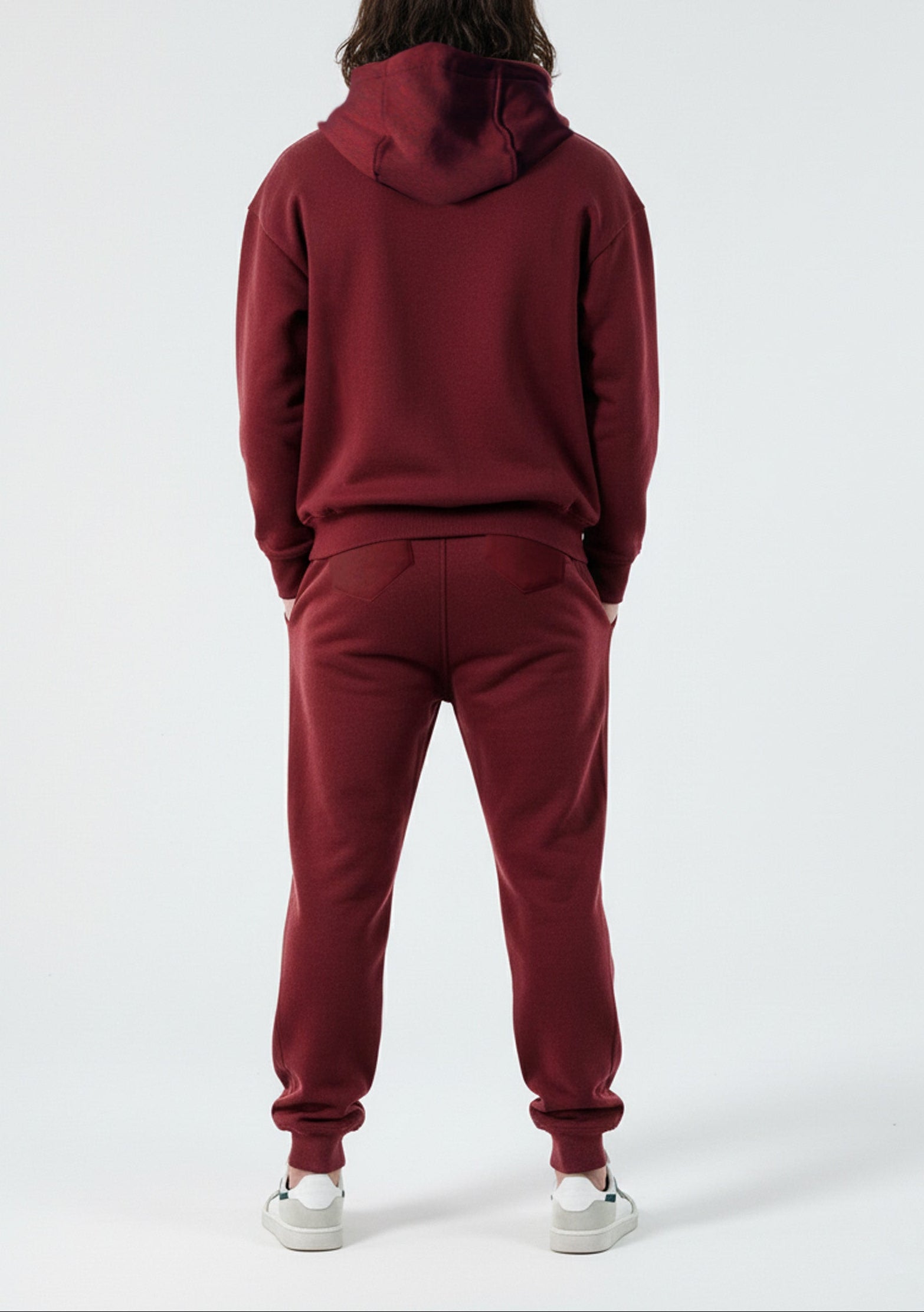 Back view of the Herman men's burgundy zip hoodie and tracksuit set.