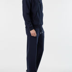 Side profile of the Herman men's navy popper neck hoodie, showing the sleeve and hood detail.