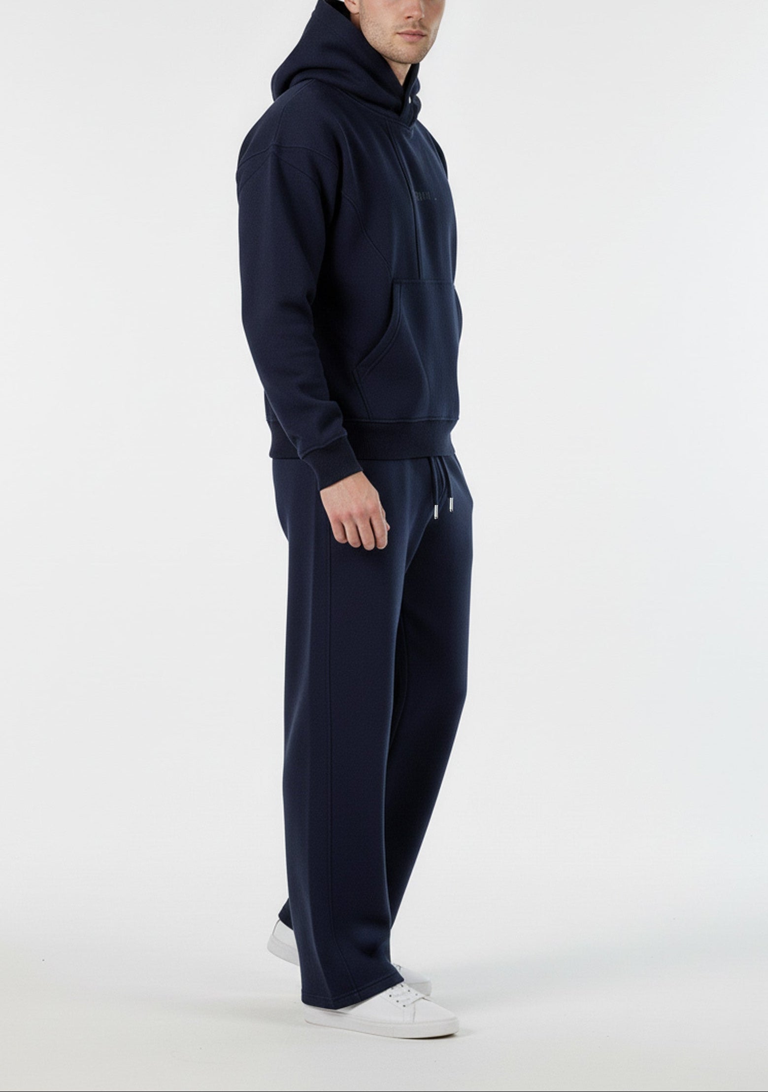 Side profile of the Herman men's navy popper neck hoodie, showing the sleeve and hood detail.