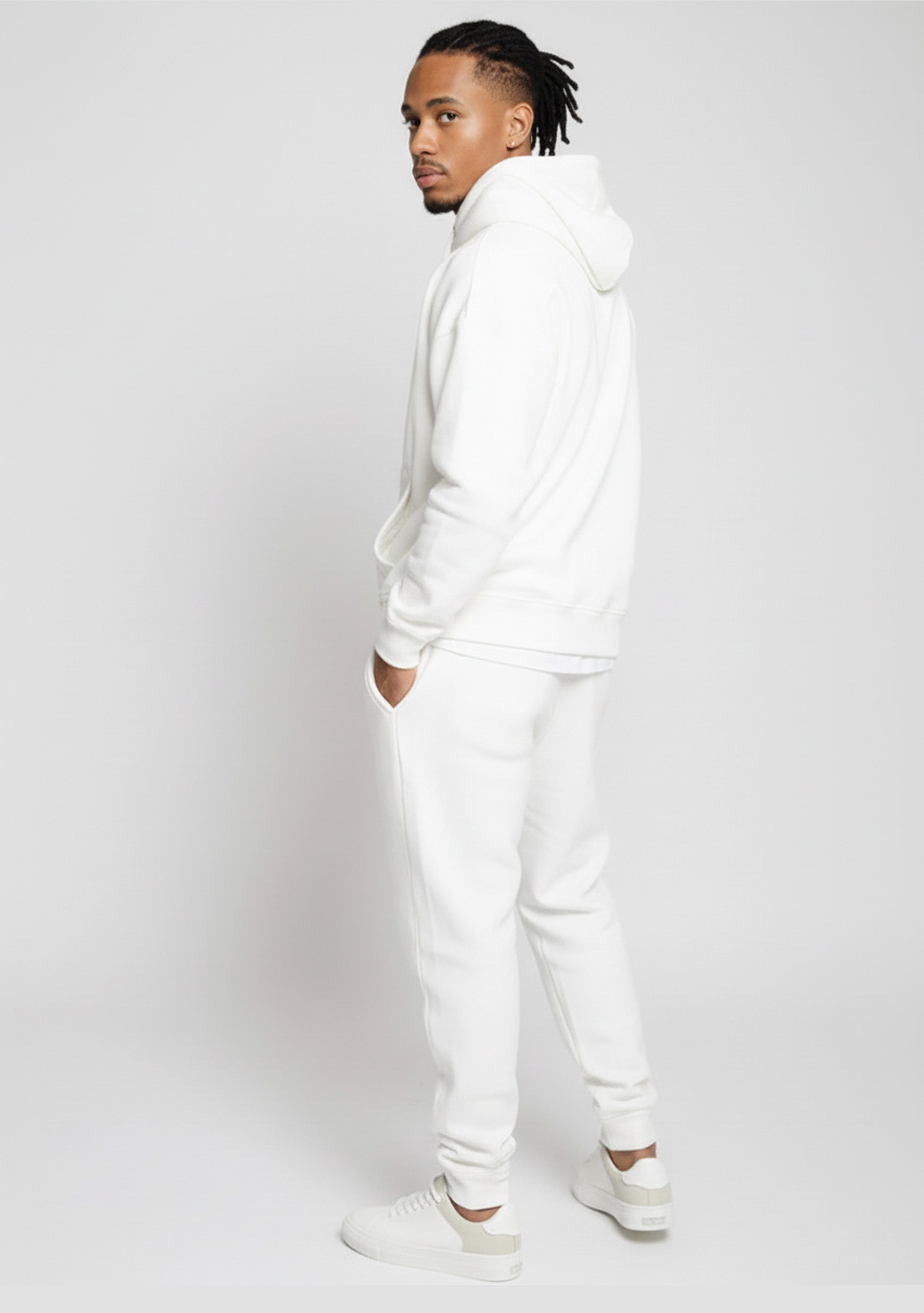 Back view of the Herman men's white oversized hoodie showing the relaxed fit