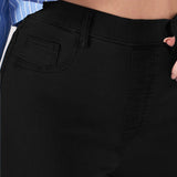 Close up of the waistband on the high rise black jeggings for women showing the fabric texture.