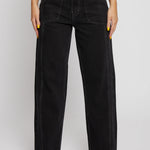 Direct front view of high-waist wide-leg jeans featuring front patch pockets and belt loops.