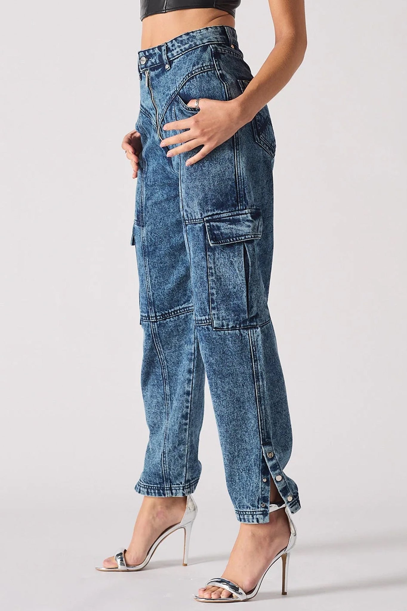Jmojo high waisted denim cargo jeans side profile