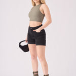 HIGH WAISTED TURN UP DENIM SHORTS - BLACK WASH - JMOJO - Women's Denim Shorts
