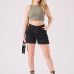 HIGH WAISTED TURN UP DENIM SHORTS - BLACK WASH - JMOJO - Women's Denim Shorts