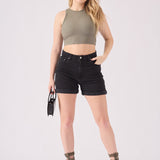 HIGH WAISTED TURN UP DENIM SHORTS - BLACK WASH - JMOJO - Women's Denim Shorts