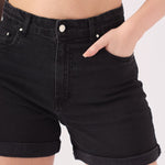 HIGH WAISTED TURN UP DENIM SHORTS - BLACK WASH - JMOJO - Women's Denim Shorts