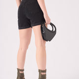 HIGH WAISTED TURN UP DENIM SHORTS - BLACK WASH - JMOJO - Women's Denim Shorts