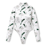 Mock Neck Printed Bodysuit Thumbhole Sleeves - White