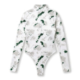 Mock Neck Printed Bodysuit Thumbhole Sleeves - White