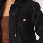 HOODED DENIM JACKET - BLACK WASH - JMOJO - Women's Fleece Hooded Denim Jackets