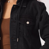 HOODED DENIM JACKET - BLACK WASH - JMOJO - Women's Fleece Hooded Denim Jackets