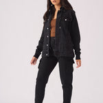 HOODED DENIM JACKET - BLACK WASH - JMOJO - Women's Fleece Hooded Denim Jackets