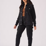 HOODED DENIM JACKET - BLACK WASH - JMOJO - Women's Fleece Hooded Denim Jackets