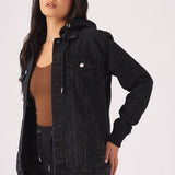 HOODED DENIM JACKET - BLACK WASH - JMOJO - Women's Fleece Hooded Denim Jackets