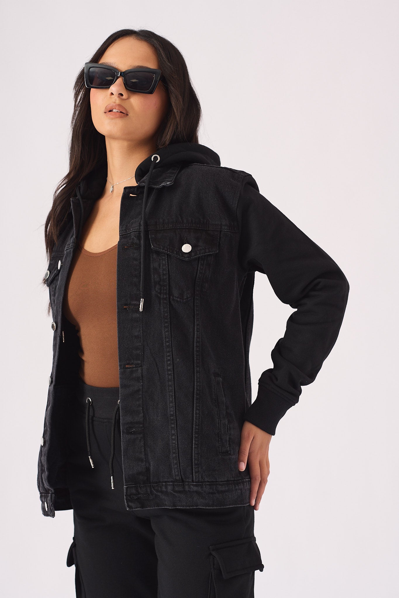 HOODED DENIM JACKET - BLACK WASH - JMOJO - Women's Fleece Hooded Denim Jackets