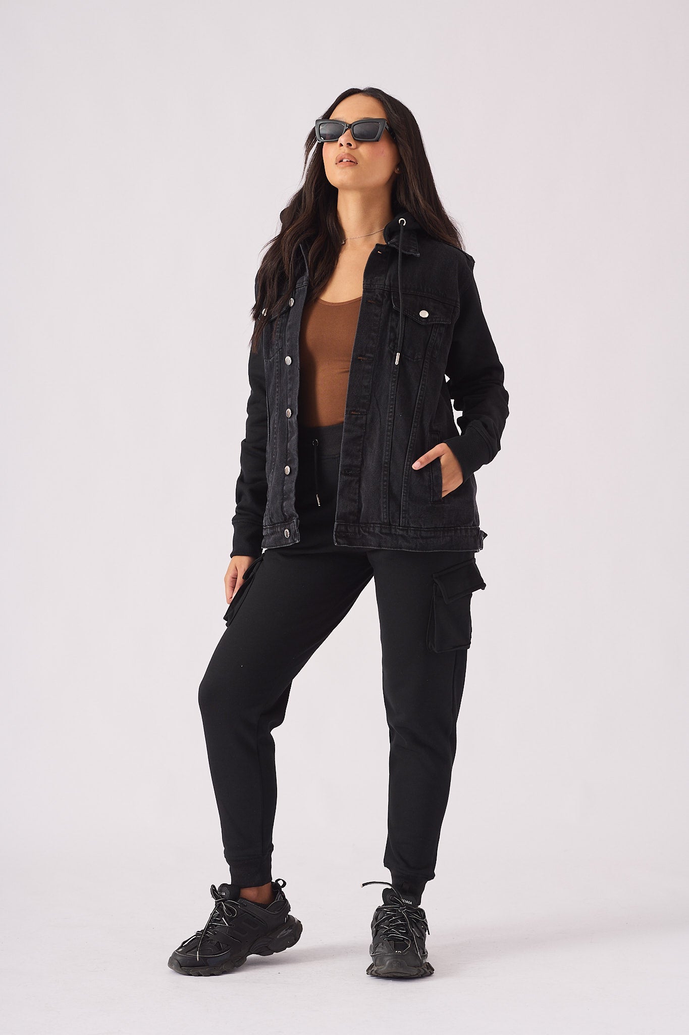 HOODED DENIM JACKET - BLACK WASH - JMOJO - Women's Fleece Hooded Denim Jackets