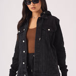HOODED DENIM JACKET - BLACK WASH - JMOJO - Women's Fleece Hooded Denim Jackets