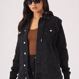 HOODED DENIM JACKET - BLACK WASH - JMOJO - Women's Fleece Hooded Denim Jackets