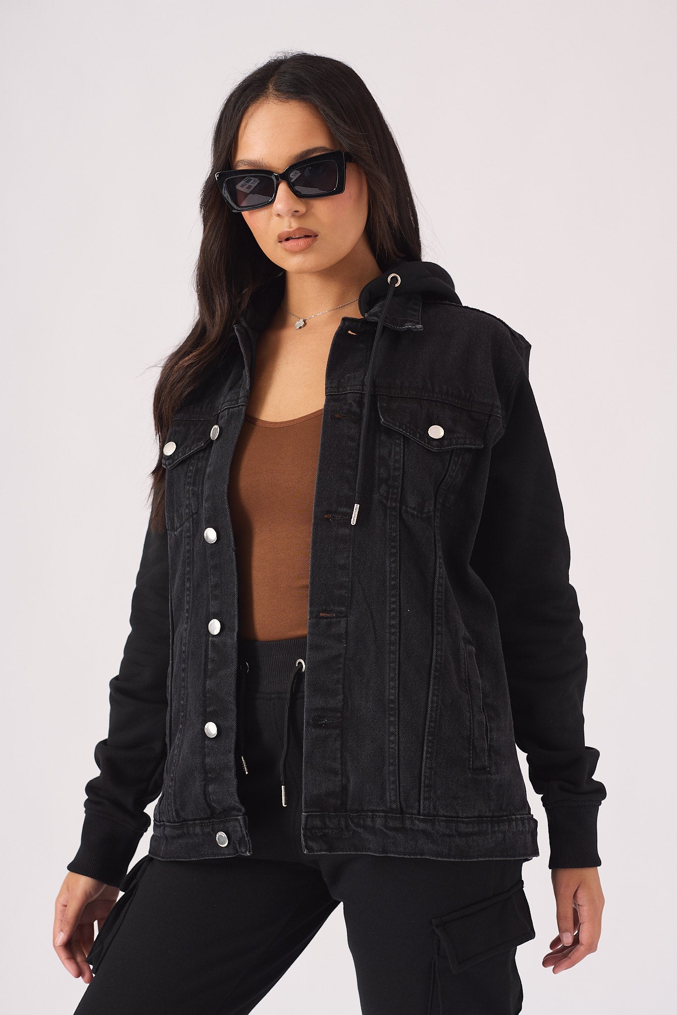 HOODED DENIM JACKET - BLACK WASH - JMOJO - Women's Fleece Hooded Denim Jackets