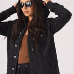 HOODED DENIM JACKET - BLACK WASH - JMOJO - Women's Fleece Hooded Denim Jackets