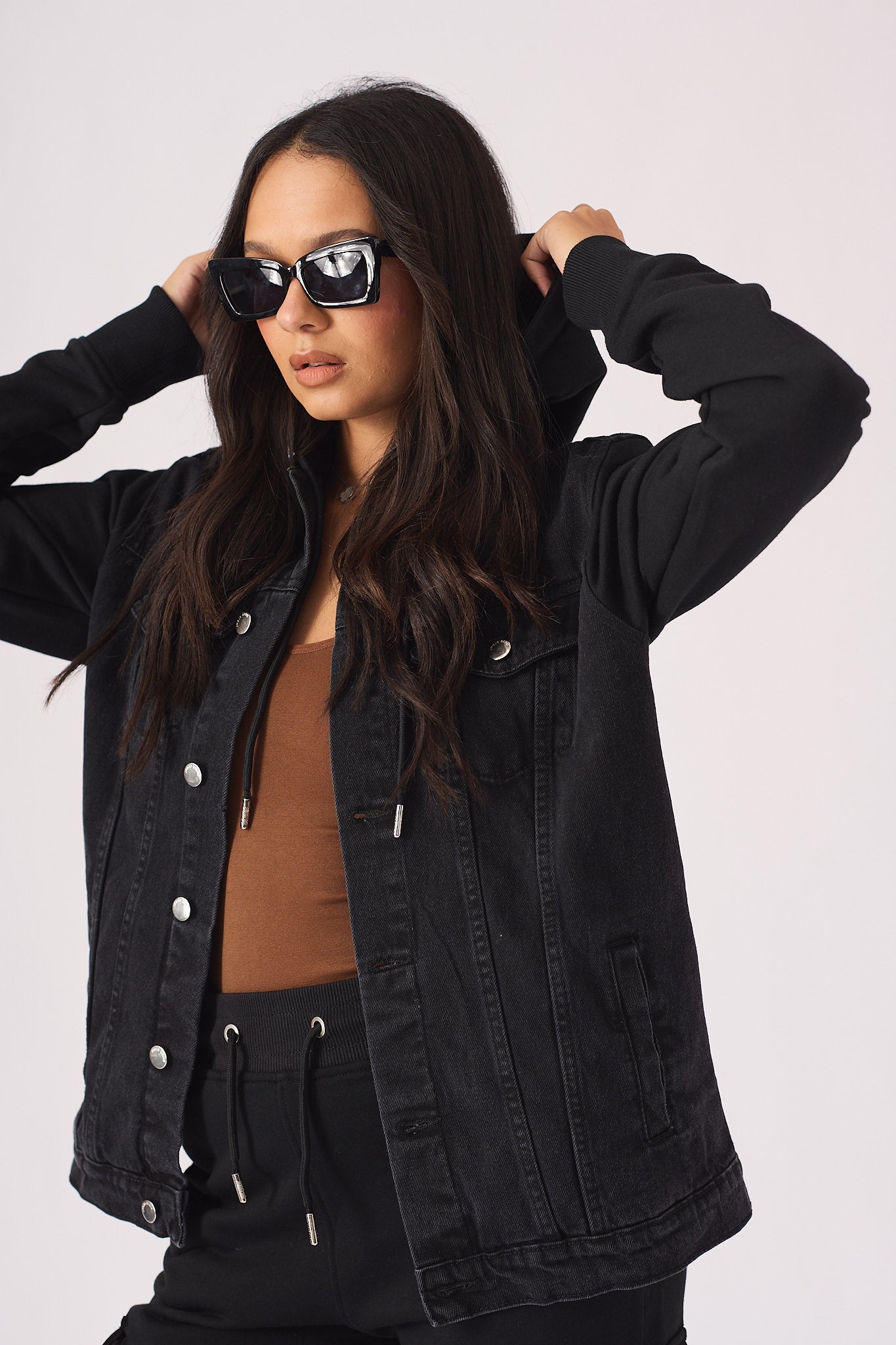 HOODED DENIM JACKET - BLACK WASH - JMOJO - Women's Fleece Hooded Denim Jackets