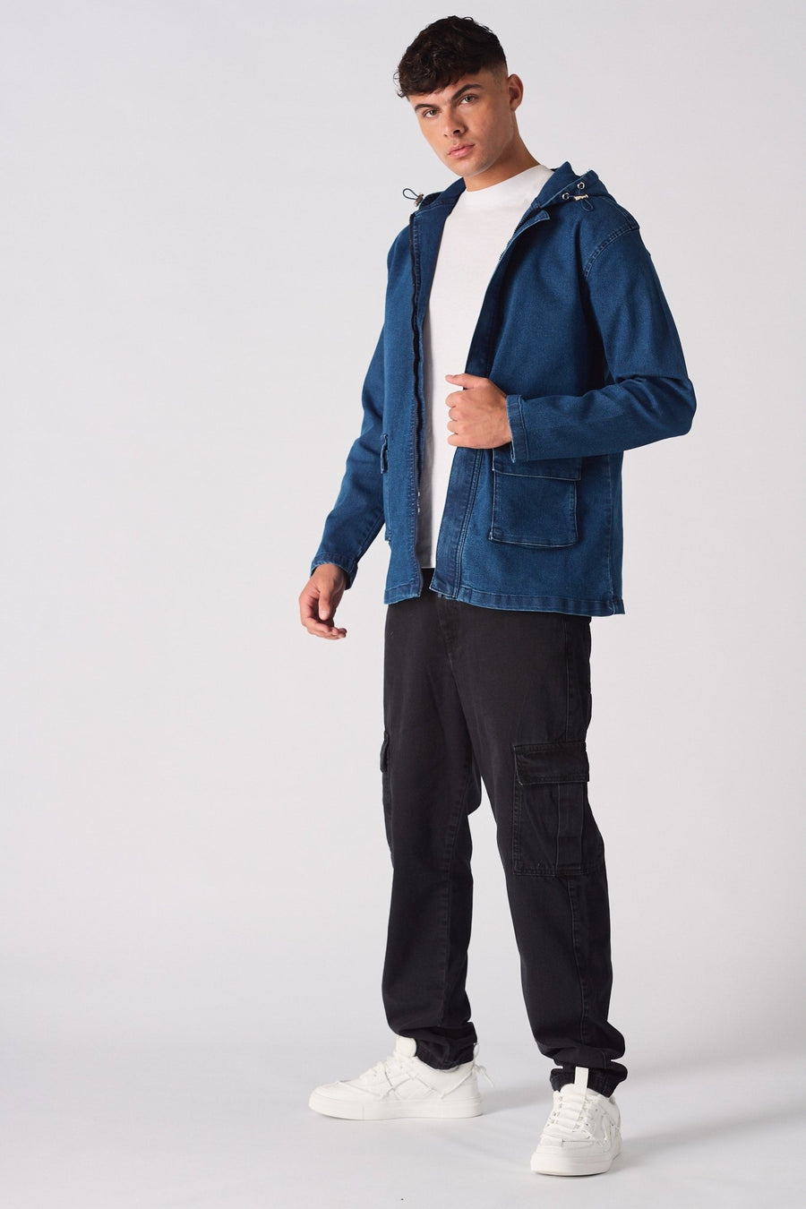 HOODED DENIM JACKET - MID BLUE WASH - JMOJO - Men's Hooded Cargo Denim Jackets
