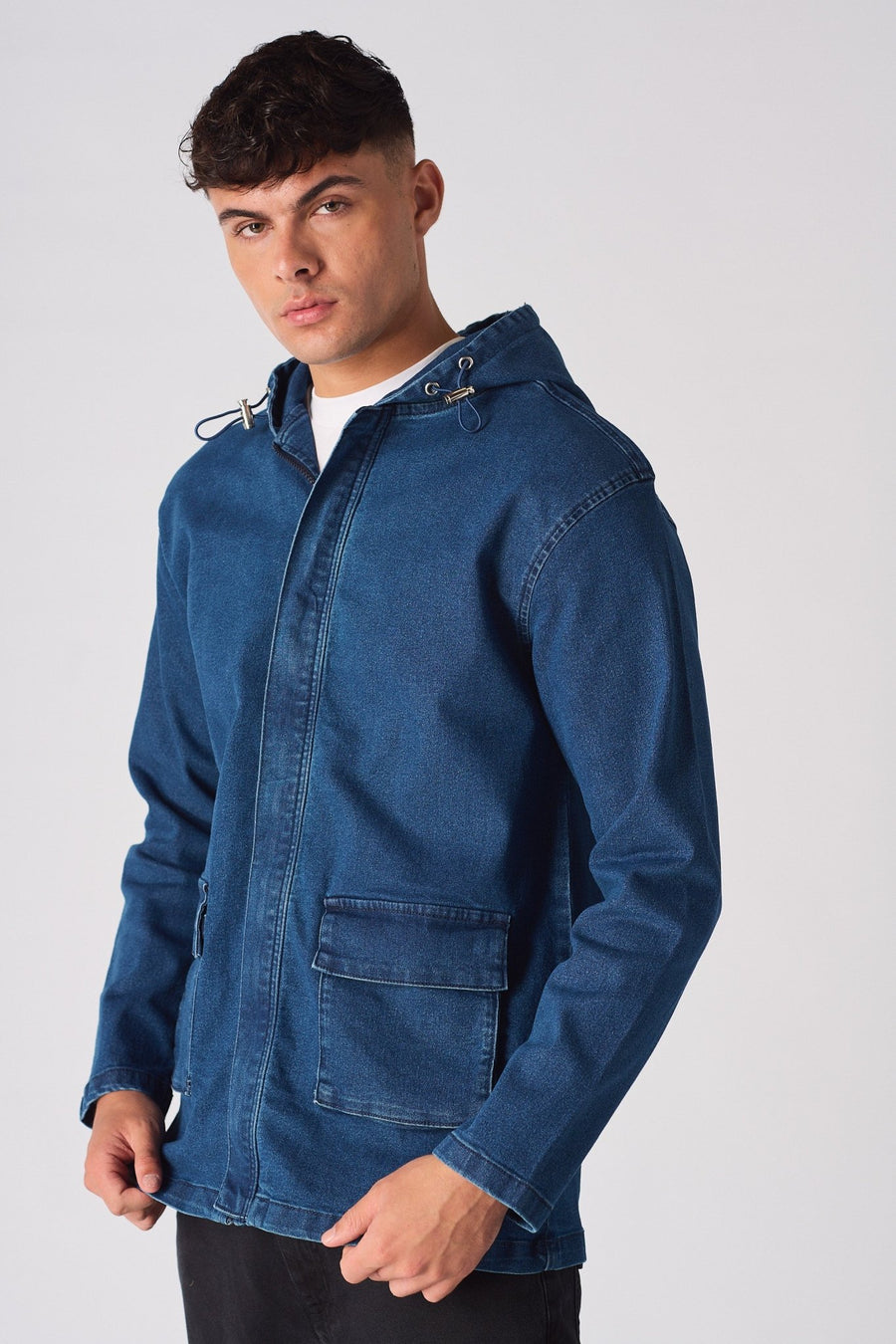 HOODED DENIM JACKET - MID BLUE WASH - JMOJO - Men's Hooded Cargo Denim Jackets