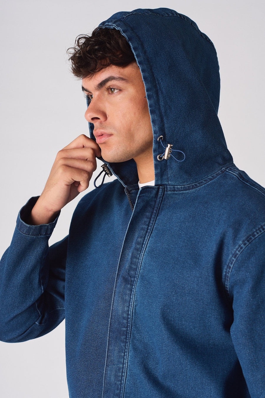 HOODED DENIM JACKET - MID BLUE WASH - JMOJO - Men's Hooded Cargo Denim Jackets