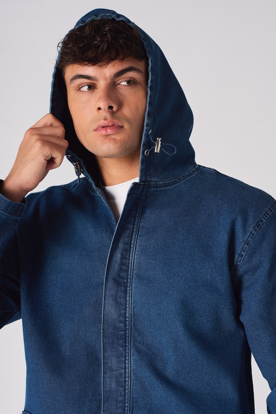 HOODED DENIM JACKET - MID BLUE WASH - JMOJO - Men's Hooded Cargo Denim Jackets