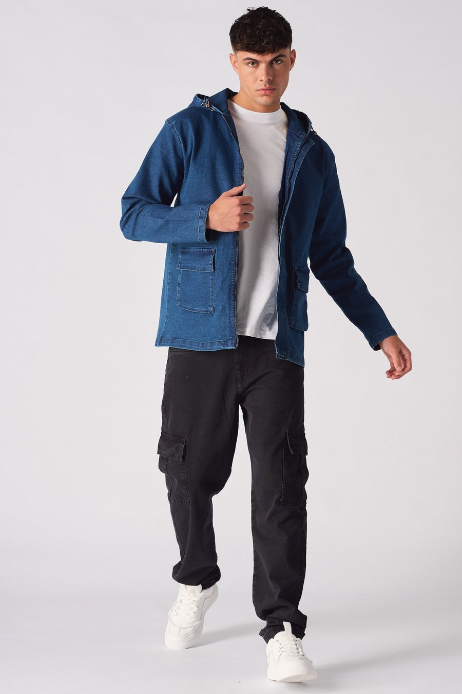HOODED DENIM JACKET - MID BLUE WASH - JMOJO - Men's Hooded Cargo Denim Jackets