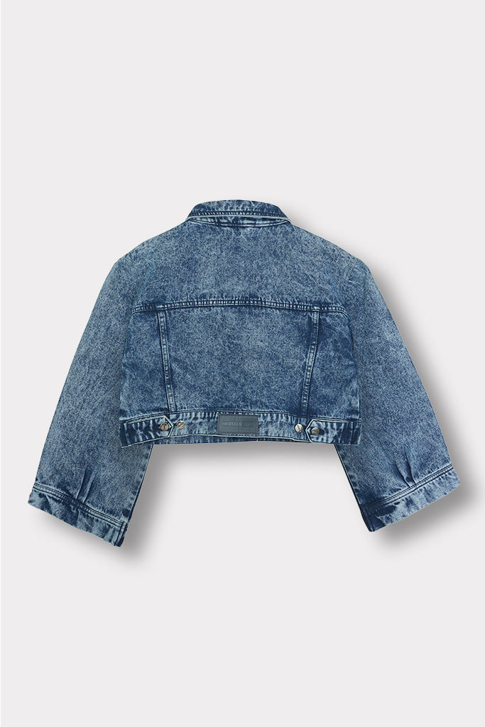 Jmojo acid wash cropped wide sleeve denim jacket flatlay back view