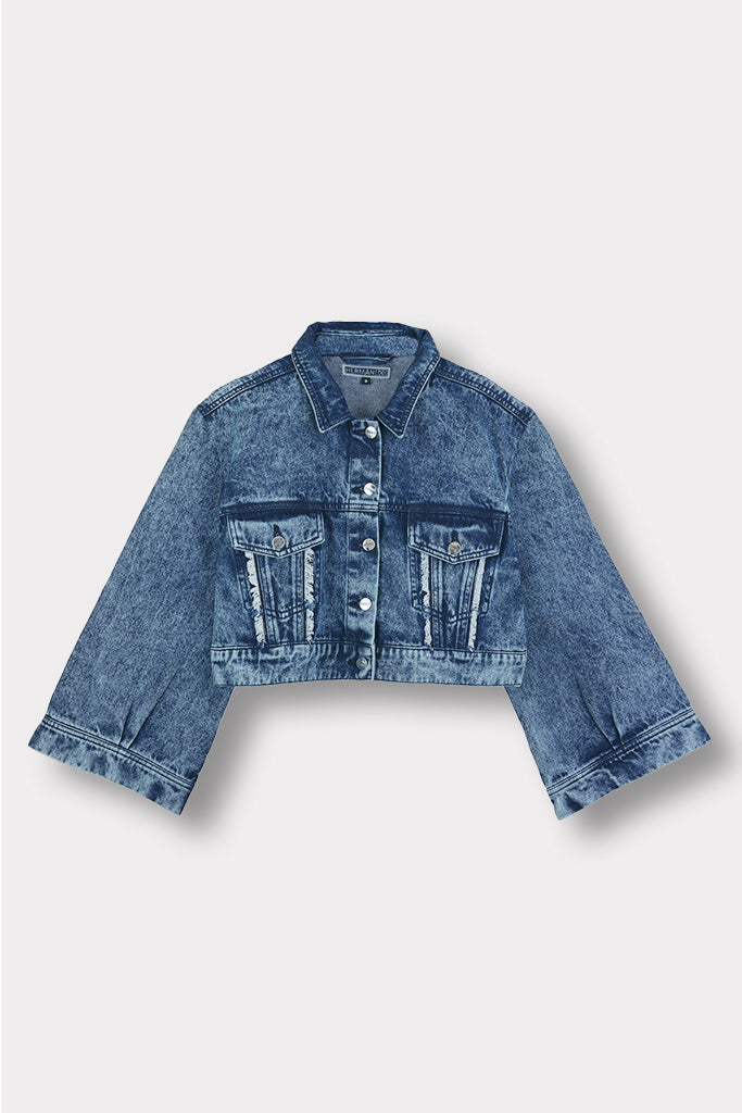 Jmojo acid wash cropped wide sleeve denim jacket flatlay front view