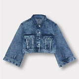 Jmojo acid wash cropped wide sleeve denim jacket flatlay front view