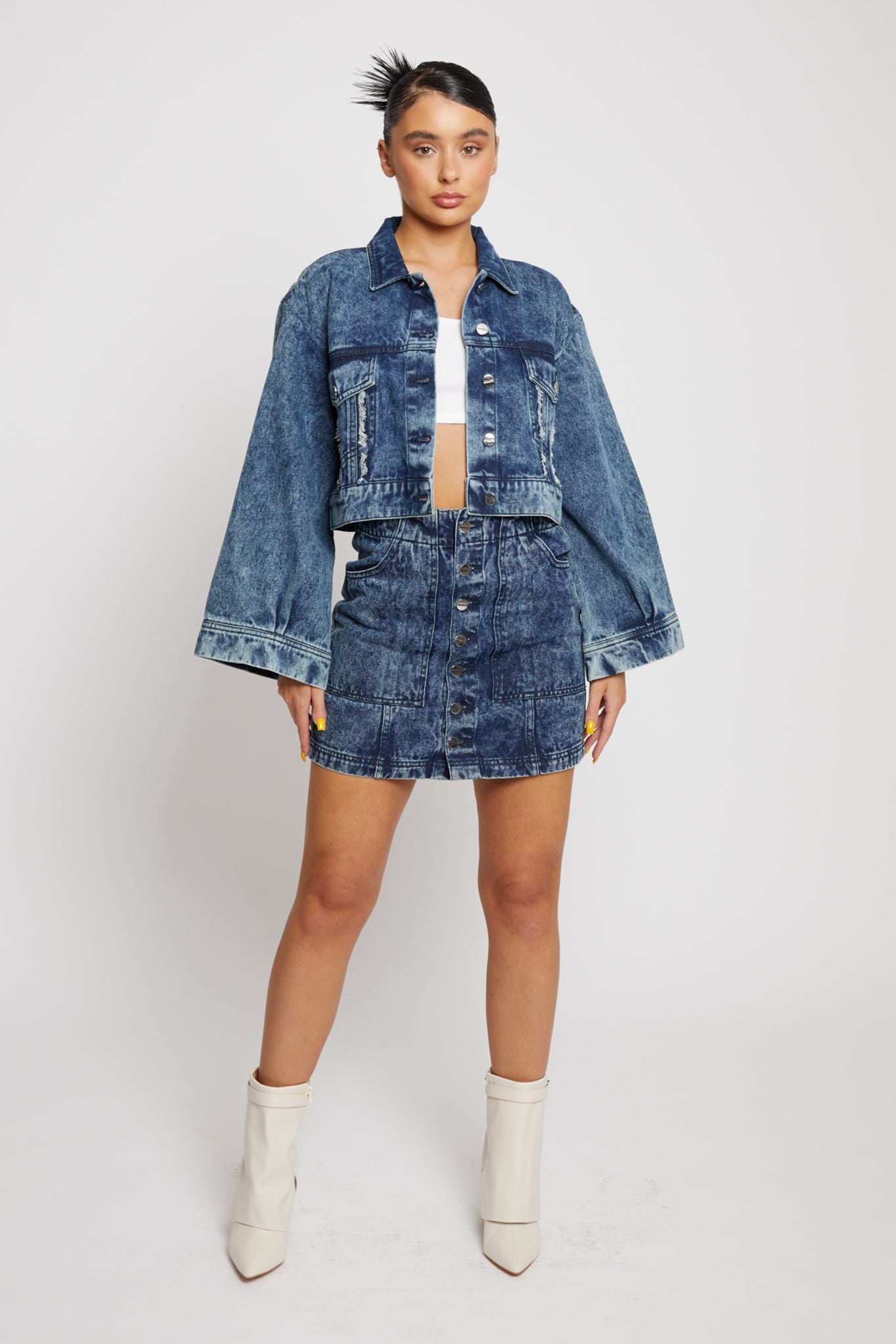 Jmojo acid wash cropped denim jacket model full length front view with skirt