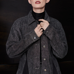 Jmojo black contrast denim jacket silver button detail close up model