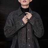 Jmojo black contrast denim jacket silver button detail close up model