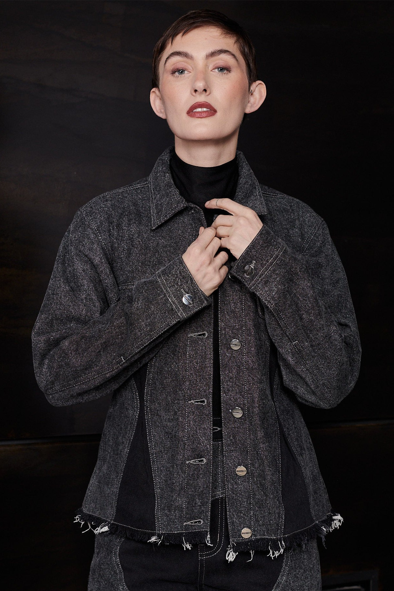 Jmojo black contrast denim jacket silver button detail close up model
