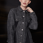 Jmojo black contrast denim jacket model front close up view
