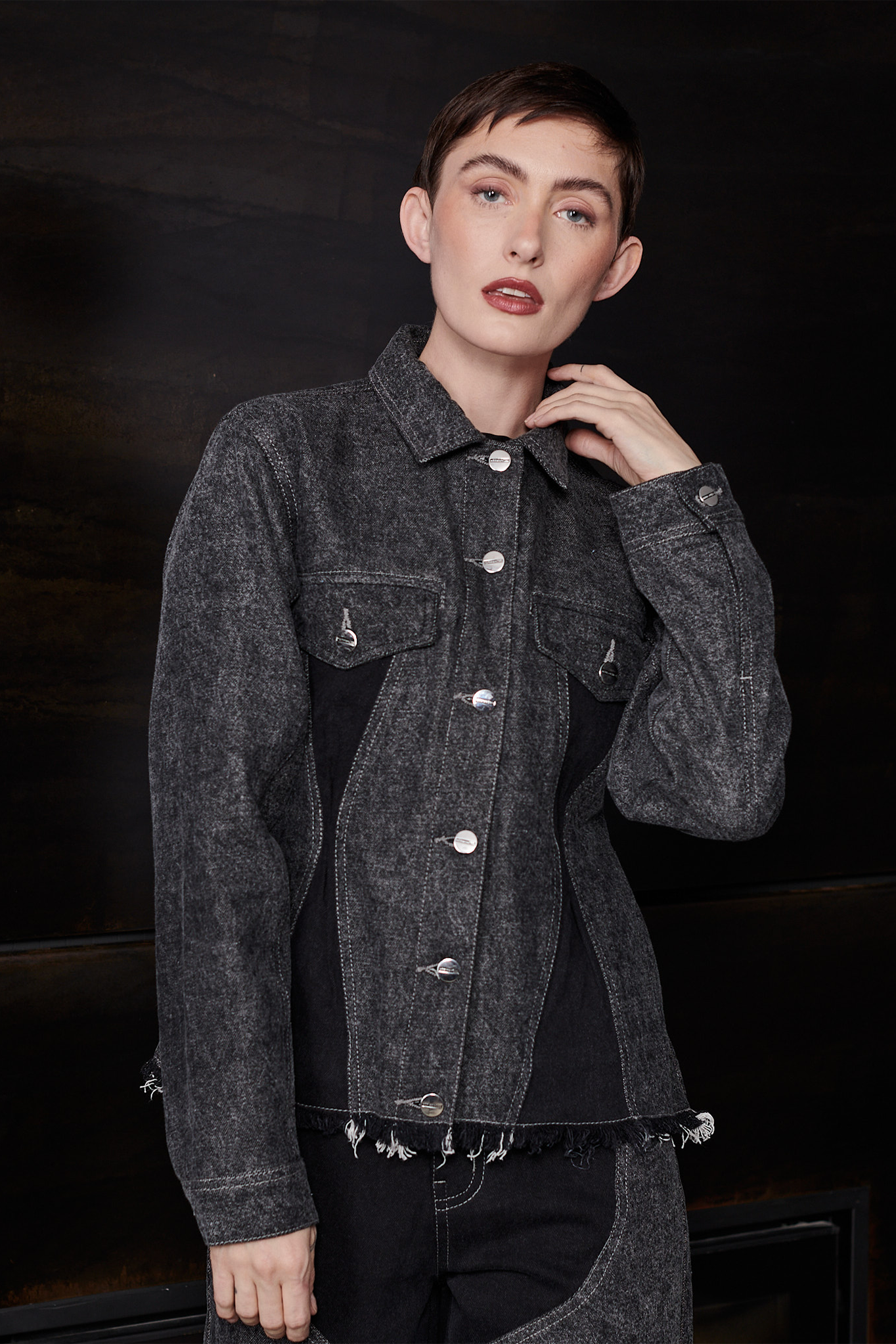 Jmojo black contrast denim jacket model front close up view
