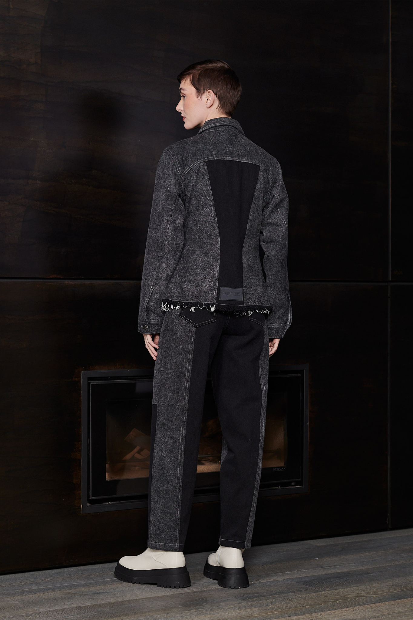 Jmojo black contrast denim jacket model full length back view