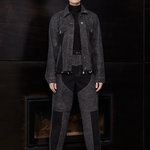 Jmojo black contrast denim jacket tapered waist model full length front view
